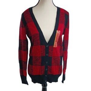Mossimo Cardigan Sweater Red Black Buffalo Plaid V Neck Womens Size S